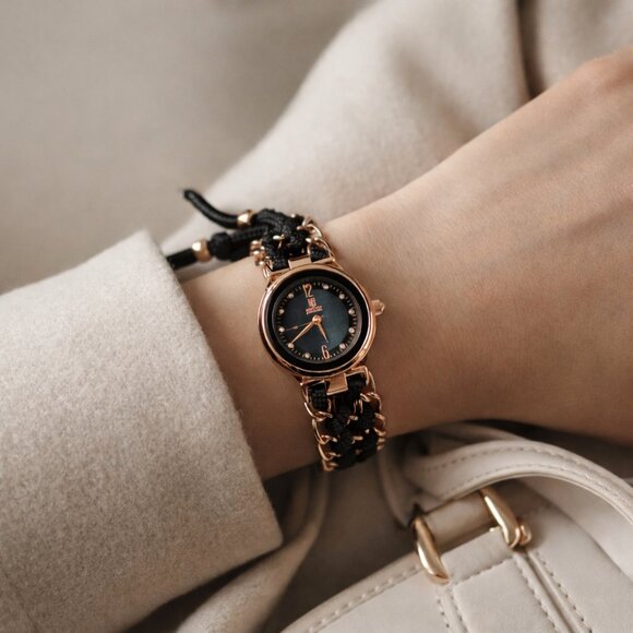 Rose Gold & Black Braided Chain WatchLuxe Statement Bracelet Style